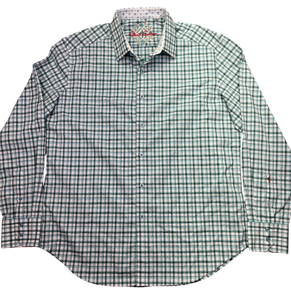 Robert Graham Plaid Button Down Shirt Long Sleeve Classic Fit Green L Boho Retro